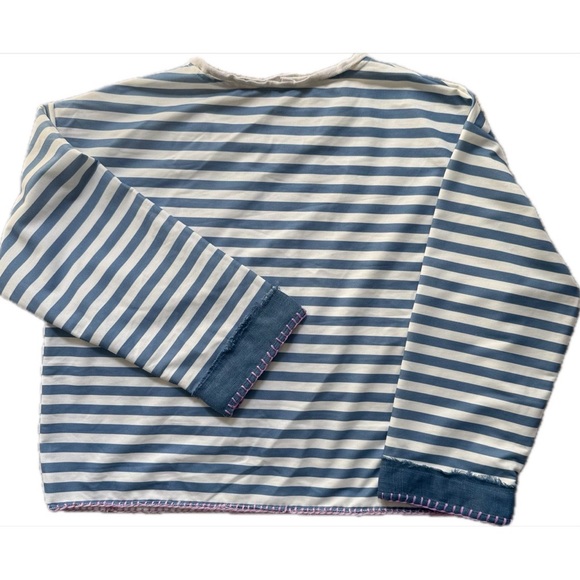 Boho Striped Floral Patch Top Oversized Ice Blue White Raw Edge Hand Stitch M/L - Picture 9 of 12